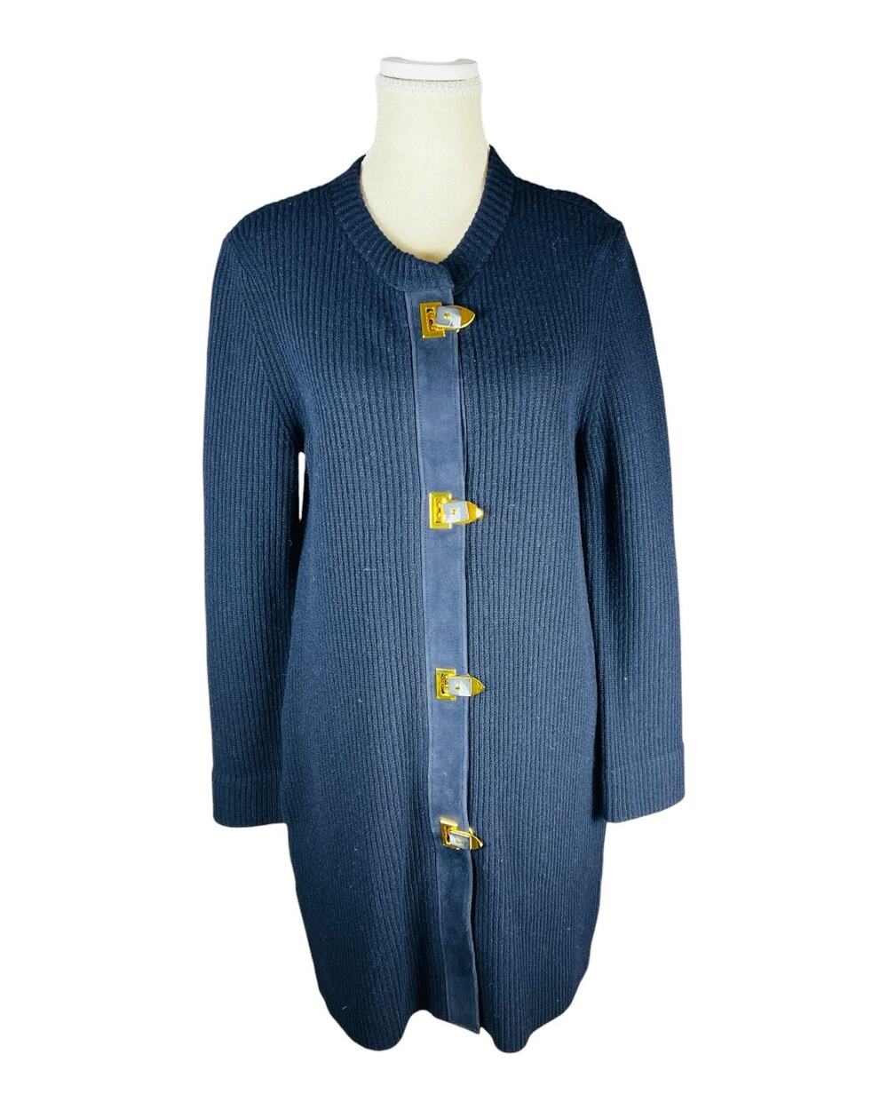 Tory Burch Rory Navy Wool Suede Leather Buckle Long Sweater Coat Cardigan M